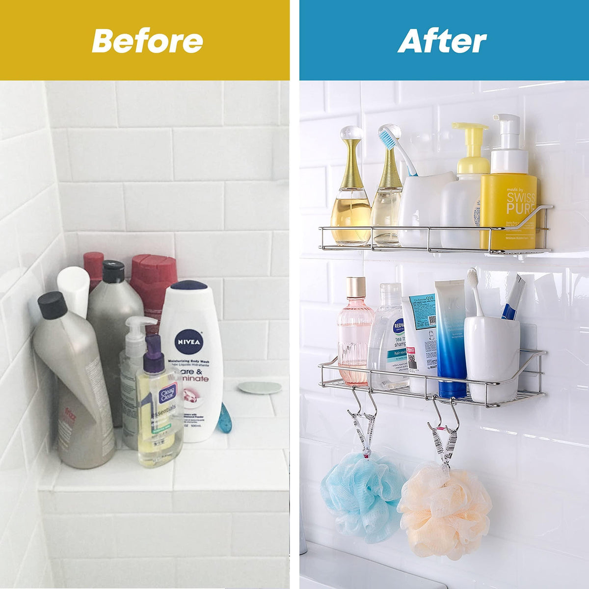 2 Pack Silver Adhesive Shower Caddy Shower Shelf Organizer for Bathroom Organization with Hooks SUS304 Stainless Steel