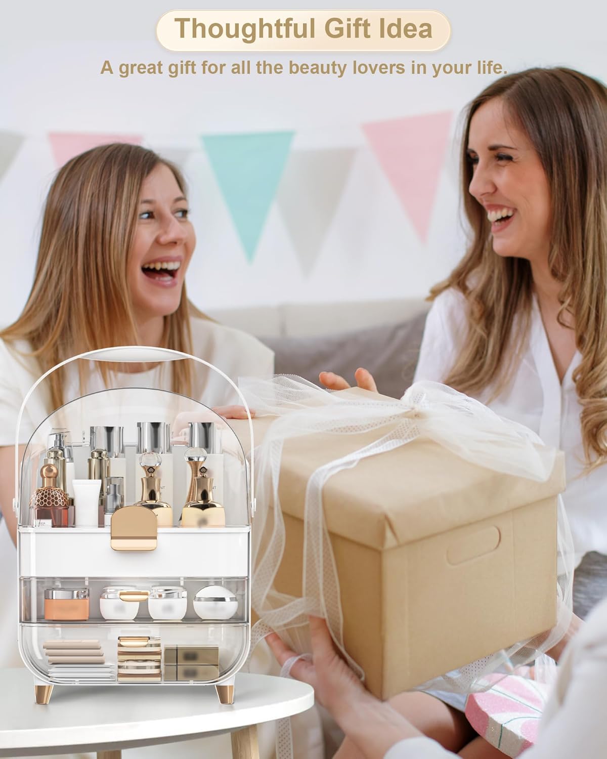Makeup Organizer With Skincare Holder - Acrylic Cosmetic Storage Box, 4 Colors - Vanity & Bathroom Counter Organizer - Perfect Teen Girl Gift