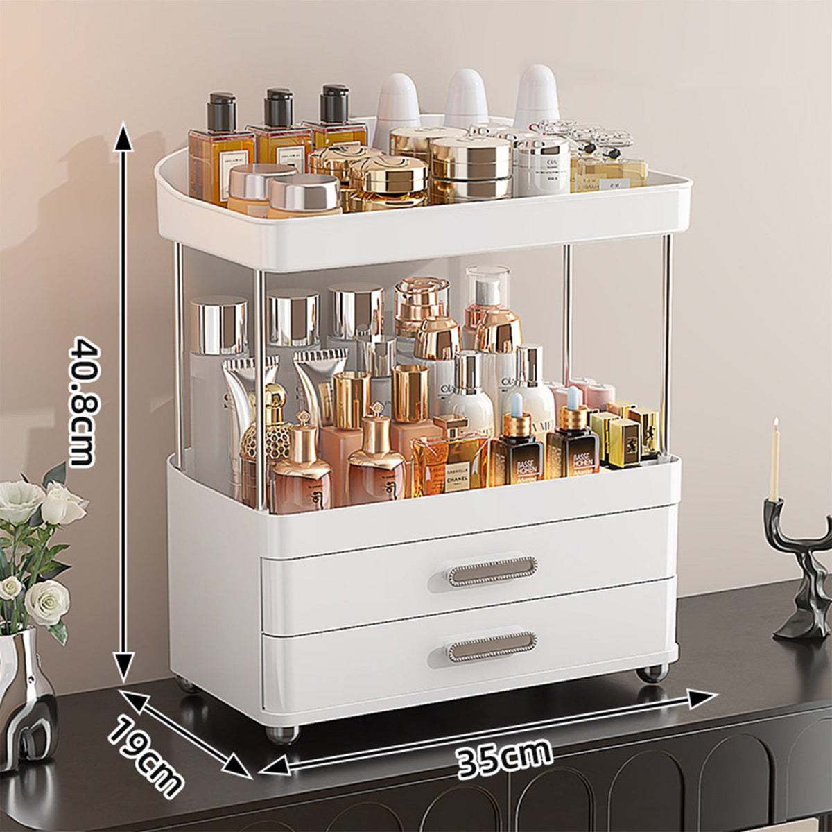 2 Drawers Makeup Organizer - 4 Tier Bathroom Organizers And Storage, Versatile Perfume Vanity Organizer, Ideal For Cosmetic, Large Skincare, Face Mask, Office Supplies