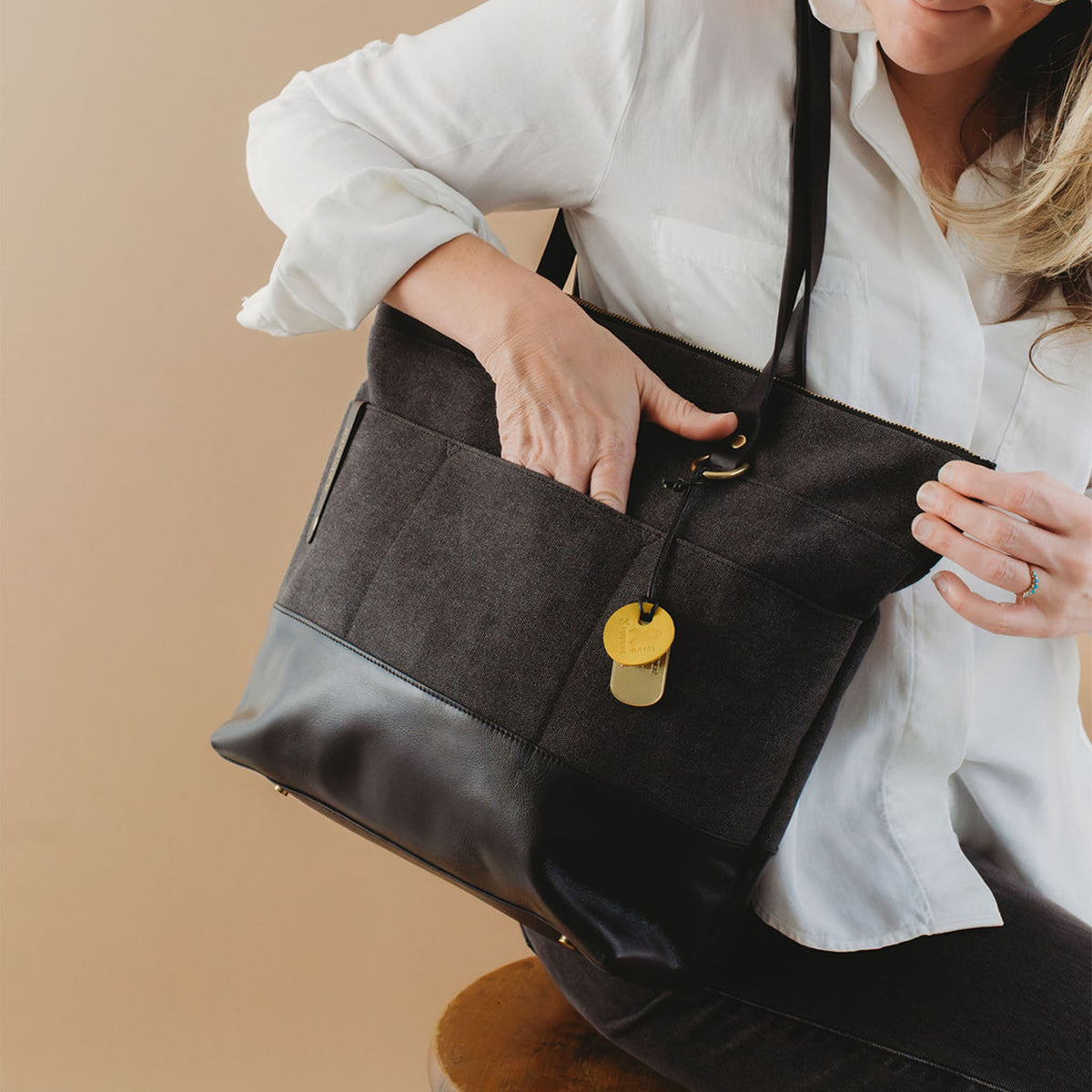 Harriet Tote Bag | Black Washed Canvas + Black Leather
