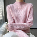 New Fall Winter Women Thick Knit Sweater, Mock Neck Cable Pattern Loose Fit Pullover, Casual Warm Basic Long Sleeve Underwear Top