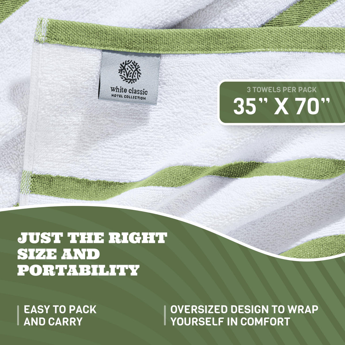 Cotton Pool Towels Oversized 35 x 70 Inch 3 Pack Ultra Absorbent and Low Lint Striped Beach Towels for Adults Stripes Design Luxury Extra Large Bath Towels Green 3 Pack