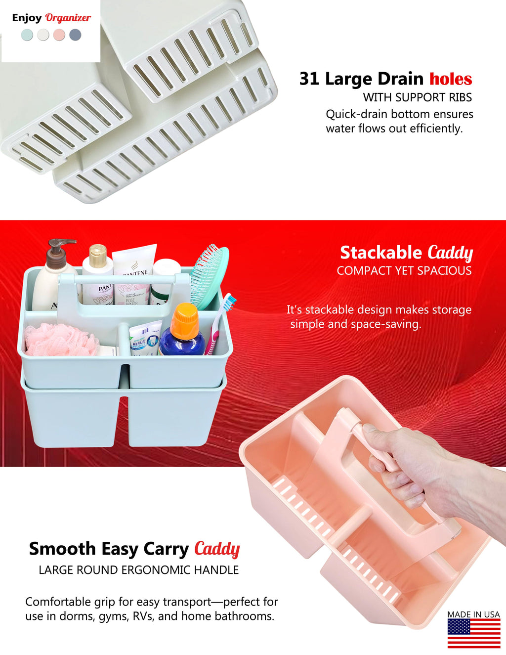 Enjoy Organizer-Shower Caddy Organizer with Handle, 3 Compartments, Portable Storage Bin for Bathroom, Dorm, Gym -Made In USA