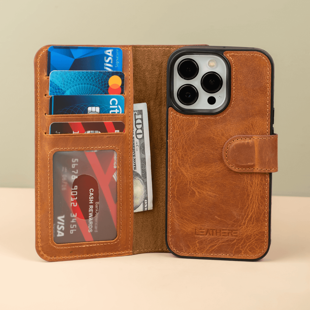 iPhone 16 Series Brown Leather Wallet Case - New York