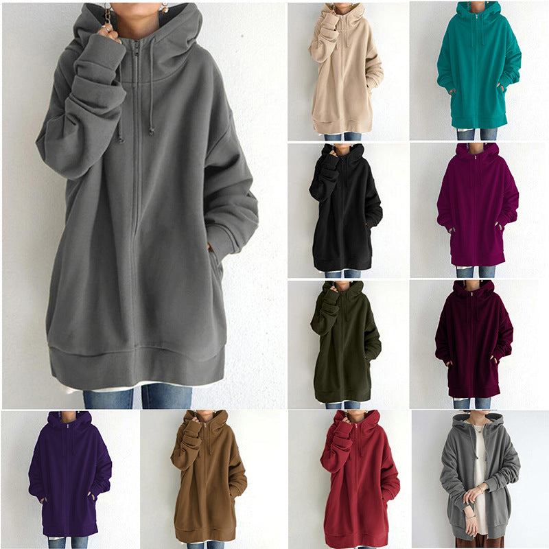 Oversized S-5XL Women Loose Hooded Coats Autumn Female Tie Collar Long Sleeve Zipper Up Add Velvet Long Sweatshirt