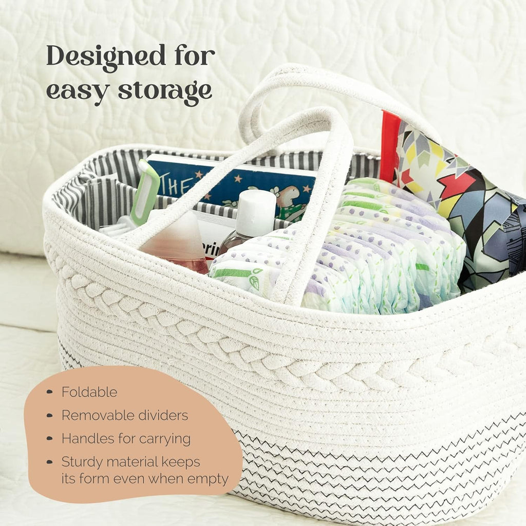 Diaper Caddy Organizer, Large Cotton Rope Nursery Baby Basket, Changing Table Organizer For Baby Diaper Storage, Portable Car Organizer With Removable Divider, Baby Shower Gifts