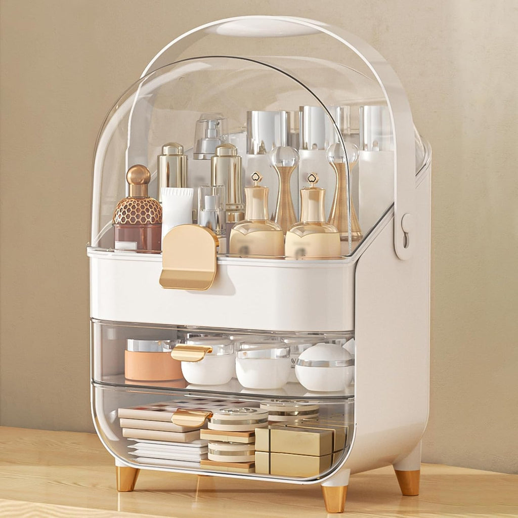 Makeup Organizer With Skincare Holder - Acrylic Cosmetic Storage Box, 4 Colors - Vanity & Bathroom Counter Organizer - Perfect Teen Girl Gift