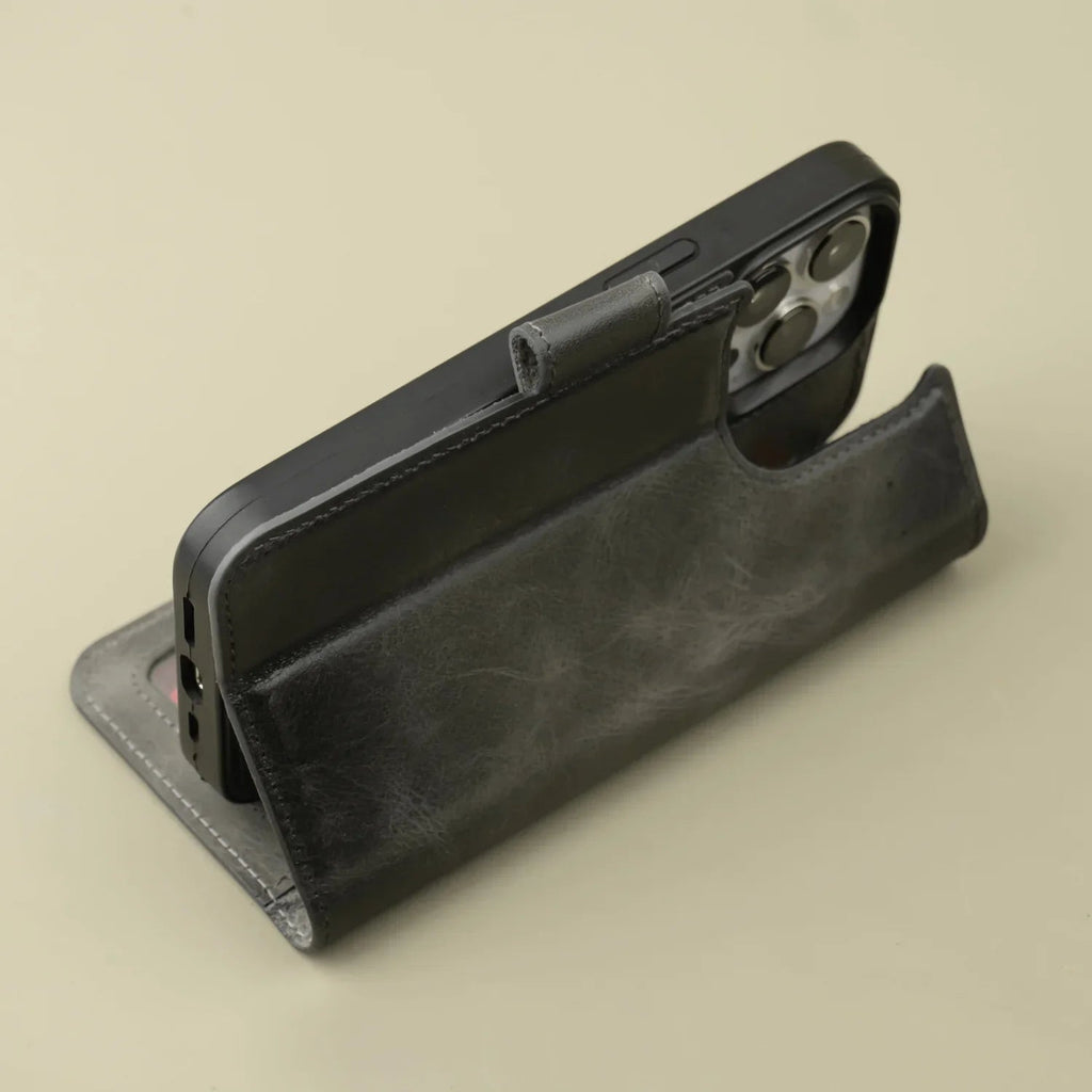 iPhone 16 Series Grey Leather Wallet Case - New York